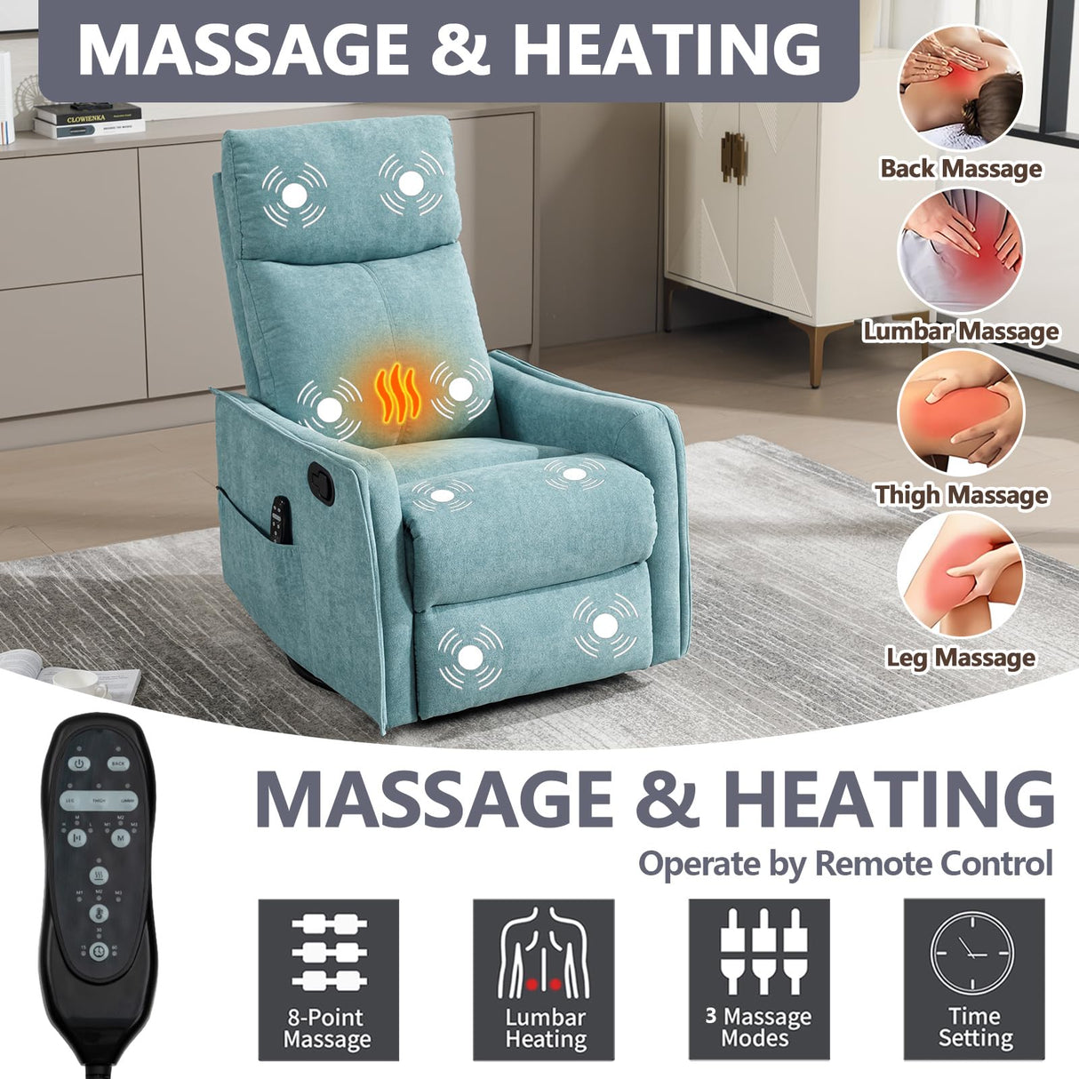 Massage Chair Recliner with Heat, Swivel Rocking Chair Recliner with High Back, Manual Nursery Recliners for Adults,Small Recliner Chair for Small Spaces, Living Room Bedroom, Fabric (Blue Green) Thctvous