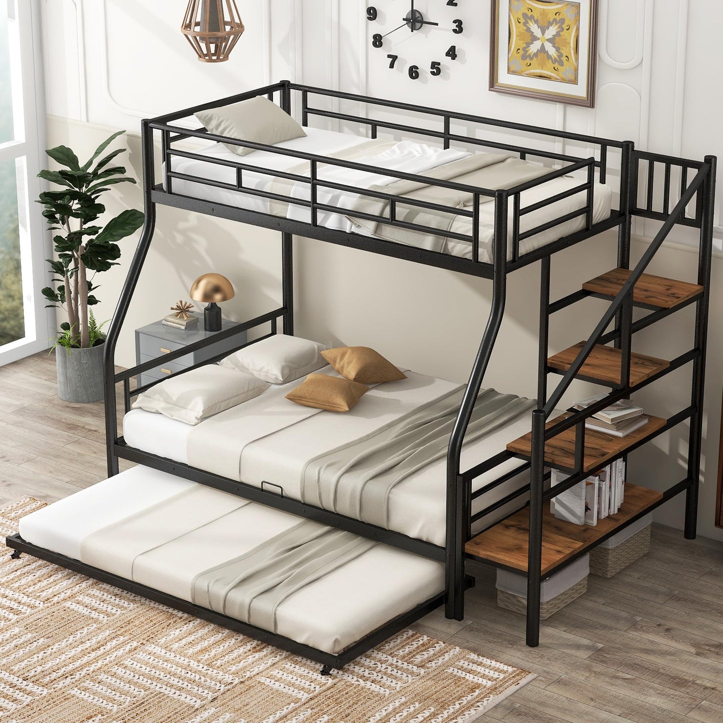 Ziraukon Twin Over Full Bunk Beds with Stairs and Trundle, Metal Bunk Bed with Storage, Safe Guardrails, No Box Spring Needed, Black