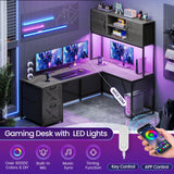 SEDETA L Shaped Gaming Desk, Reversible Computer Desk with Fabric Drawers and Power Outlet, Gaming Desk with Led Lights, Hutch and Storage Shelf for Home Office, Grey SEDETA