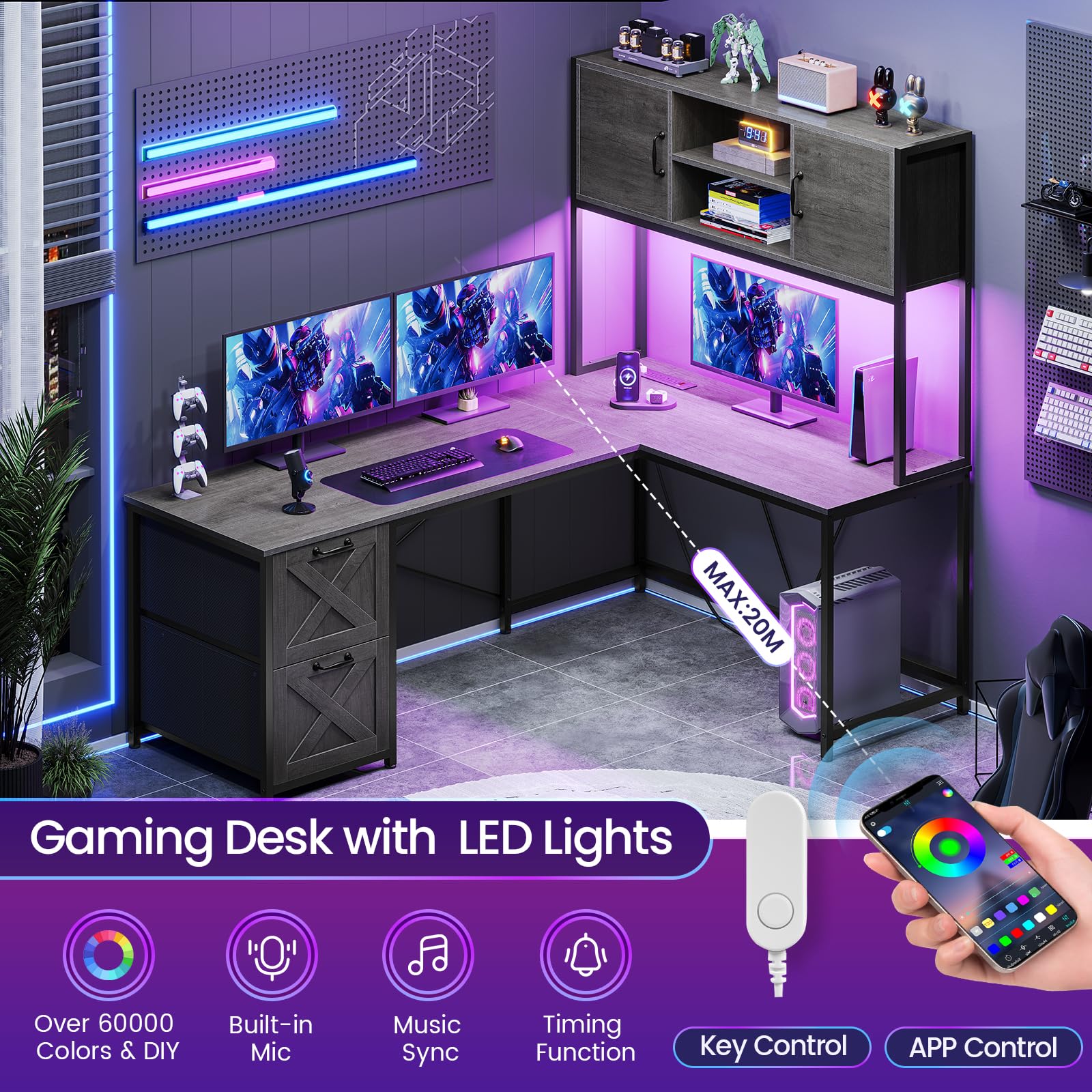 SEDETA L Shaped Gaming Desk, Reversible Computer Desk with Fabric Drawers and Power Outlet, Gaming Desk with Led Lights, Hutch and Storage Shelf for Home Office, Grey - WoodArtSupply