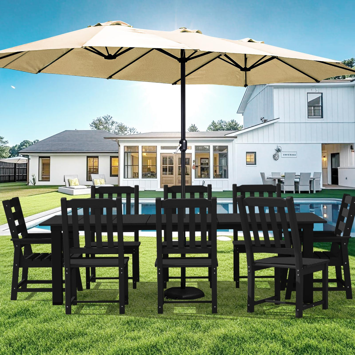 LOUNZY 9 Pieces Patio Dining Sets, Outdoor HDPE Furniture Set for 8 w/ 2" Hole Cut-Out Dining Table with 8 Patio Chairs(2 W/Armrest, 6 w/o Armrest), Black LOUNZY