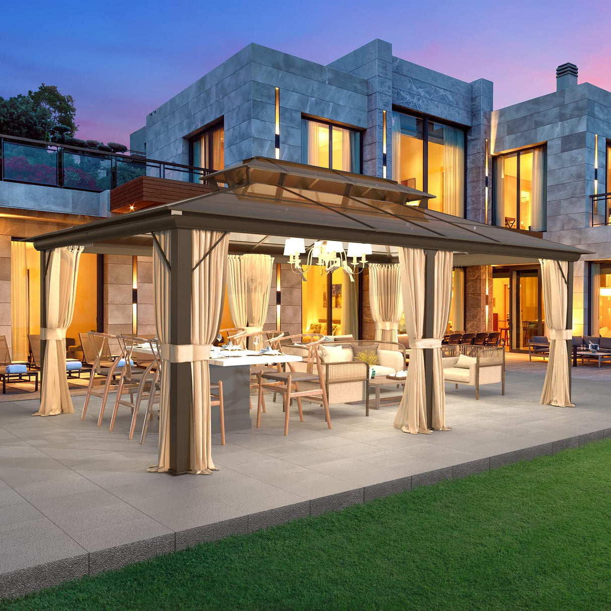 EROMMY 12' x 20' Gazebo Polycarbonate Double Roof Canopy with Aluminum Frame, Outdoor Permanent Metal Pavilion with Netting and Curtains for Garden Patio Lawns EROMMY