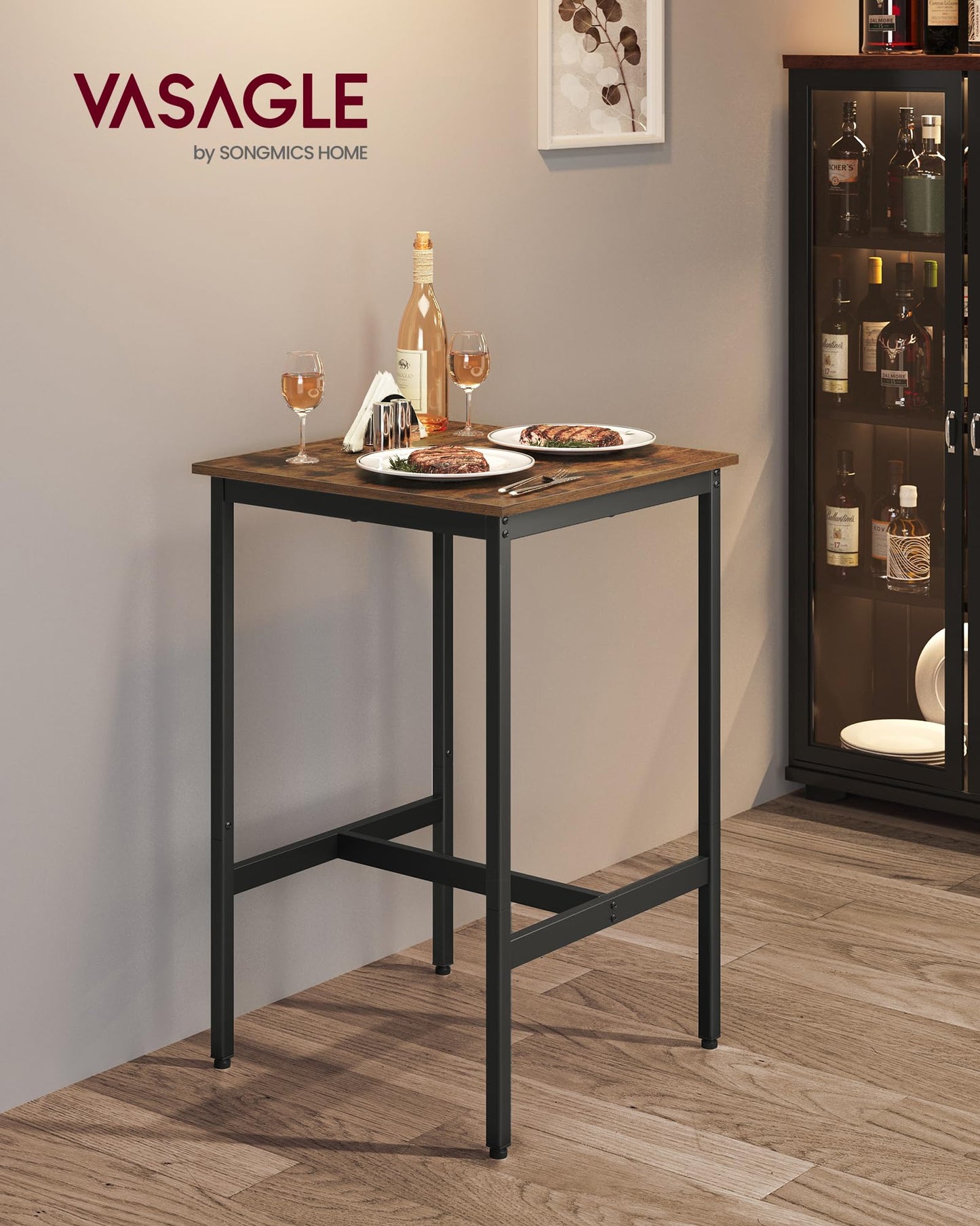 VASAGLE Rustic Brown High Top Bar Table for Small Spaces, Sturdy Metal Frame, Ideal for Living Room and Parties