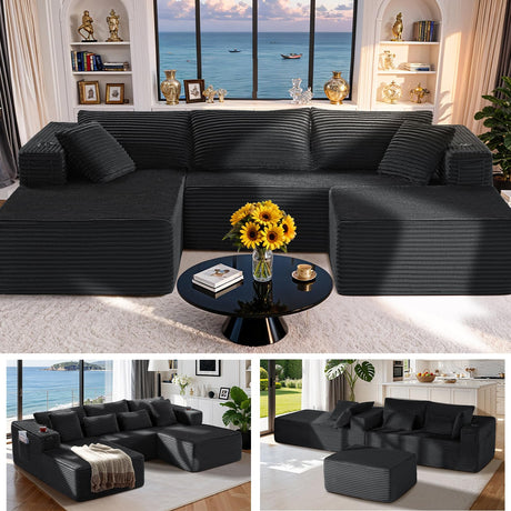 VYUXWO 108" Cloud Sectional Couch, Comfort U Shaped Boneless Couch for Living Room, Extra Deep Seats No Assembly, Minimalist Modular Sofa, Corduroy (Black, 2 Seater+Left Facing Chaise+Ottoman) VYUXWO
