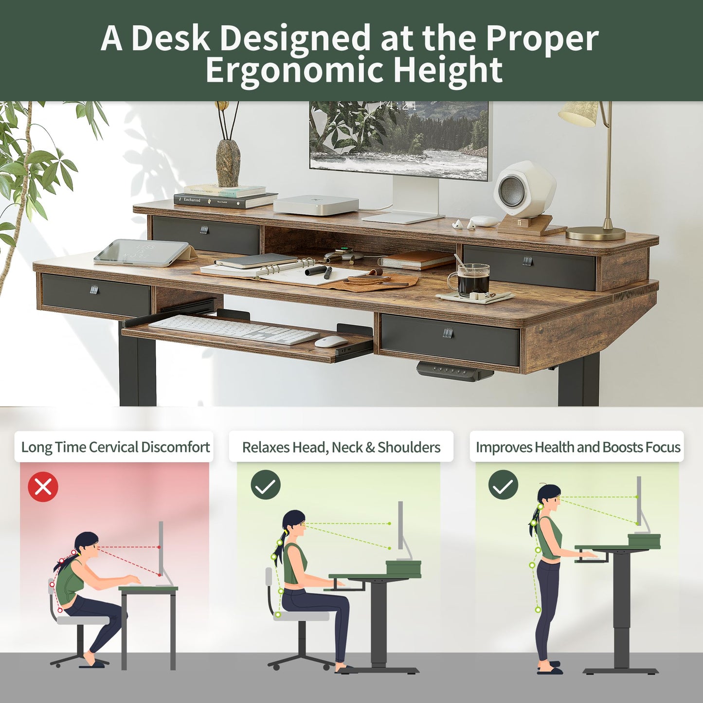 FEZIBO Height Adjustable Electric Standing Desk with 4 Drawers and Keyboard Tray, 48 x 24 Inch Table with Storage Shelf, Sit Stand Desk with Splice Board, Rustic Brown - WoodArtSupply