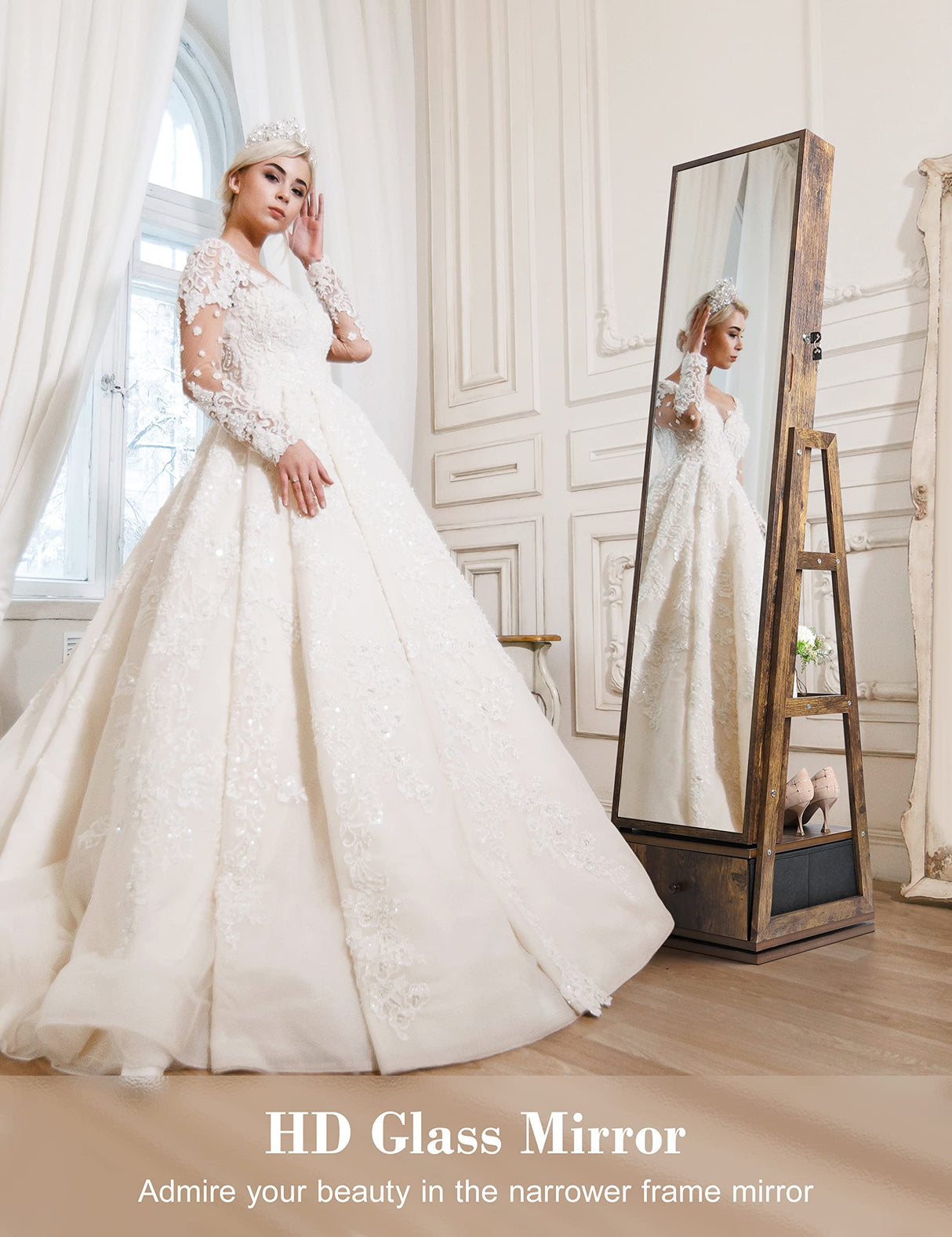 Nicetree 360° Swivel Jewelry Cabinet with Lights, Touch Screen Vanity Mirror, Rotatable Full Length Mirror with Jewelry Storage, Standing Jewelry Armoire Organizer, Christmas Gifts, Rustic Brown Nicetree