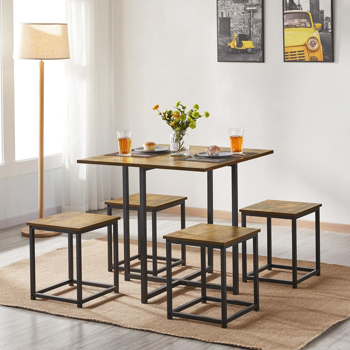 Yaheetech 5 Piece Dining Table & Chair Set - Compact Dining Table Sets Small Kitchen Table with 4 Stools for Dining Room Small Space -Rustic Brown Yaheetech