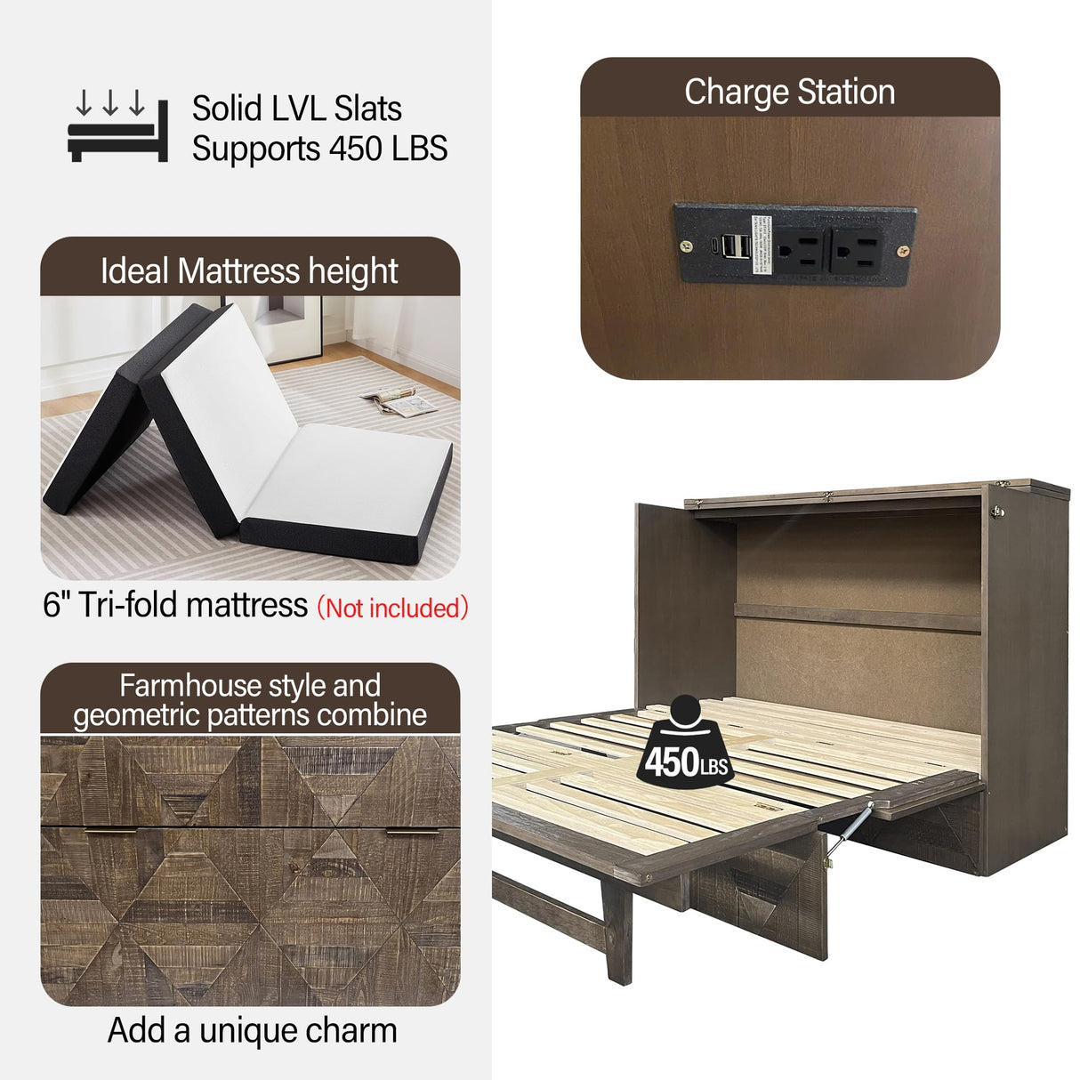 VilroCaz Murphy Bed Cabinet with Charging Station and Large Storage Drawer - Queen Size Foldable Bed for Home Office or Small Room VilroCaz