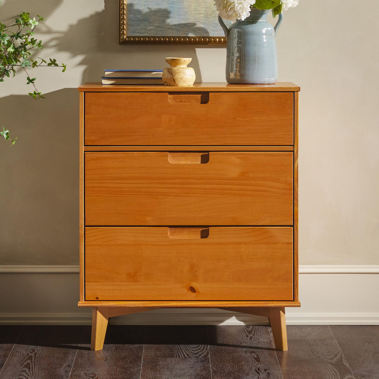 Walker Edison Sloane 3-Drawer Groove Handle Solid Pine Wood Dresser, 36 Inch, Caramel Walker Edison