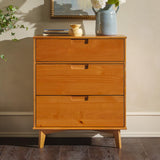 Walker Edison Sloane 3-Drawer Groove Handle Solid Pine Wood Dresser, 36 Inch, Caramel Walker Edison