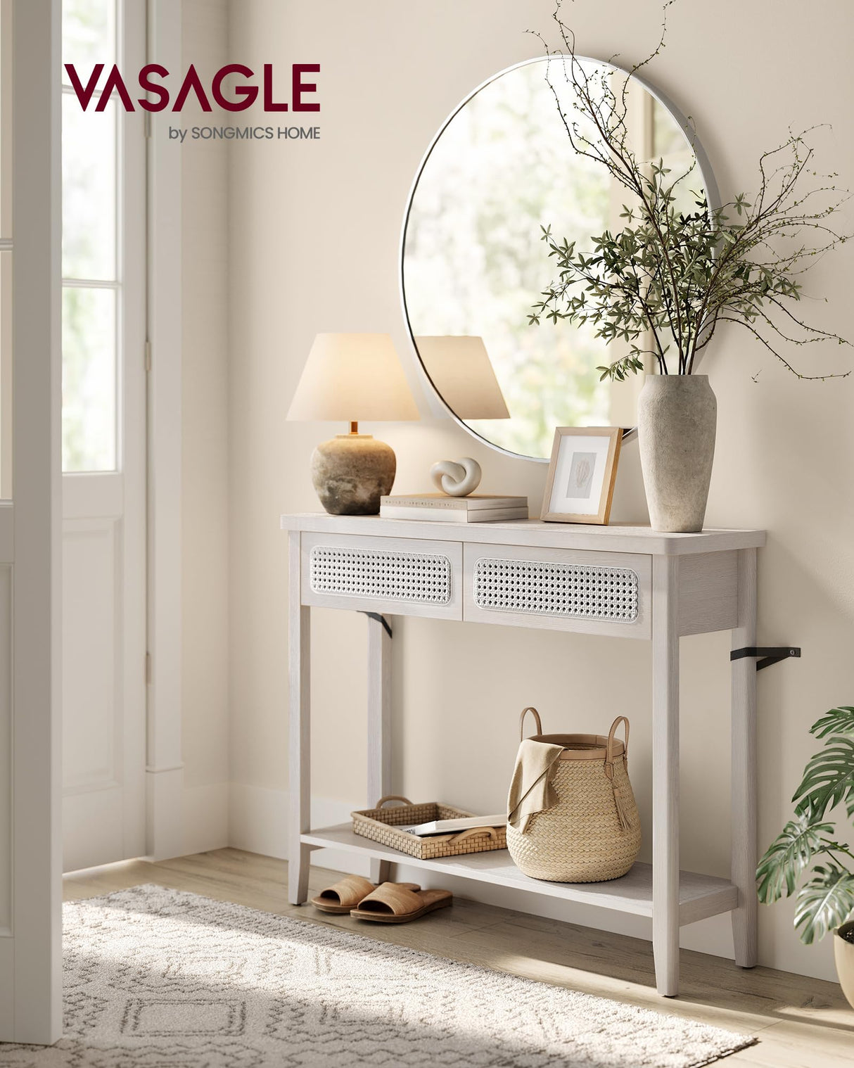 VASAGLE Console Table, Sofa Table, Narrow Entryway Table, Entry Table with 2 Drawers, Open Storage Shelf, Rounded Corners, for Living Room, Boho Style, Oatmeal Beige ULNT016K66 VASAGLE