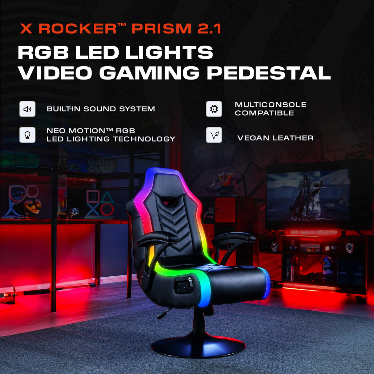 X Rocker Prism RGB LED Lounging Video Gaming Pedestal Chair with Armrests, Wireless Bluetooth Audio, Foldable, Vegan Leather, Amazon Exclusive, Black X Rocker