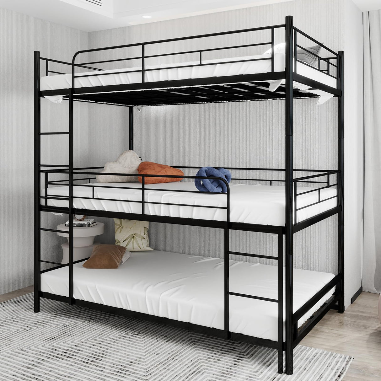 QSOSTNS Metal Triple Bunk Bed, Twin Over Twin Bunk Bed Frame with Side Ladder and Safety Fence, Suitable for Bedrooms, No Box Spring Required, Teens & Adults Bunk Bed, Metal Bunkbeds QSOSTNS