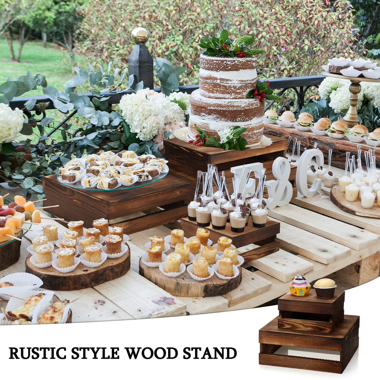 Sieral 4 Pieces Wood Cupcake Display Stand Decorative Dessert Appetizer Cake Stand Risers Wooden Crate Rustic Cake Risers for Decor Wooden Crate Style Storage Organizer for Party(Burnt Wood) Sieral
