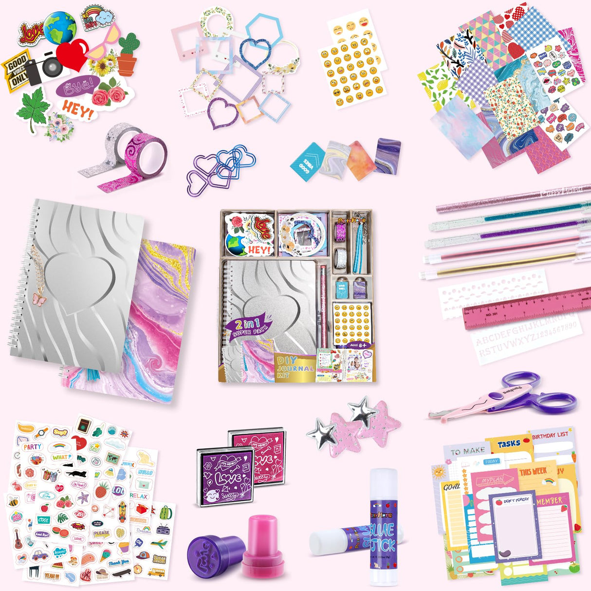 PERRYHOME DIY Journal Kit for Girls Ages 8-14, 2-Pack Journal Set for Tween & Teen Girls, Scrapbook & 100+Pcs Diary Supplies Set,DIY Stationery Set, Gifts for 8 9 10 11 12 13 14 Year Old Girl Birthday PERRYHOME