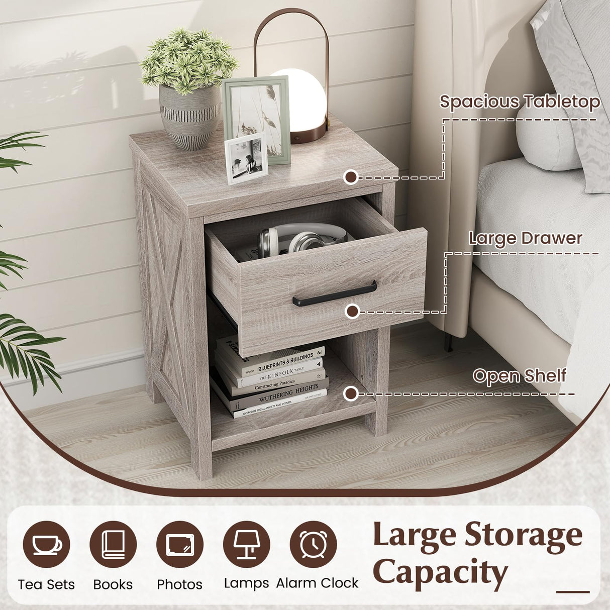 Giantex Farmhouse Nightstand, Wooden Bedside Table with Storage Drawer & Open Shelf, End Side Table, Rustic Night Stand for Small Space Bedroom & Home Office, Antique Brush White Giantex