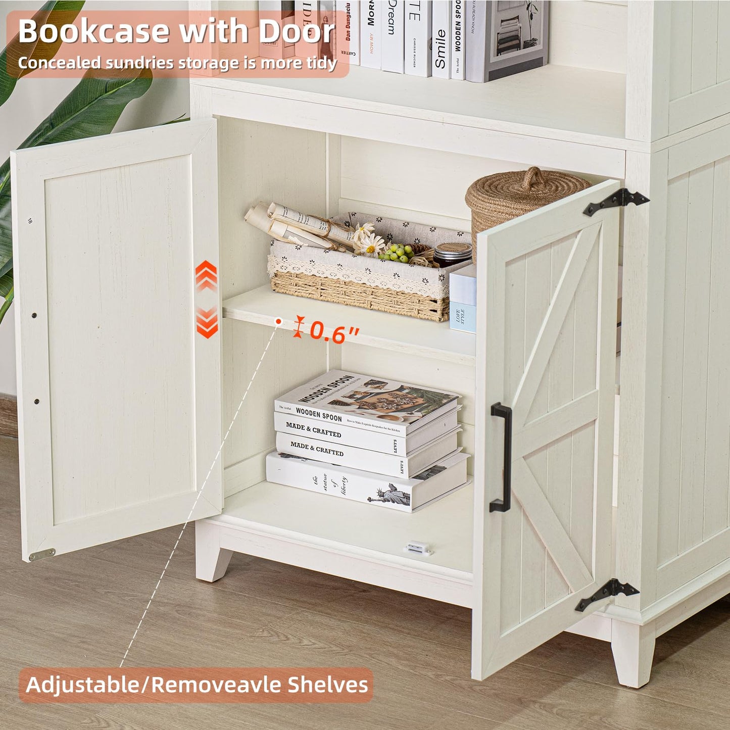 Joaxswe 5 Tier White Farmhouse Bookshelf with Barn Doors and Storage Cabinet - WoodArtSupply