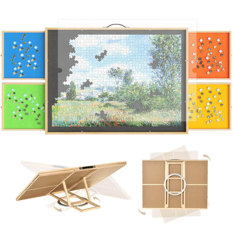 DWVO 2 in 1 Puzzle Board with Drawers, 2000 Pieces Tilting Puzzle Board with Spinning Lazy Susan, Rotating Puzzle Table with Drawers and Cover, Wooden Jigsaw Table for Puzzle Enthusiasts DWVO