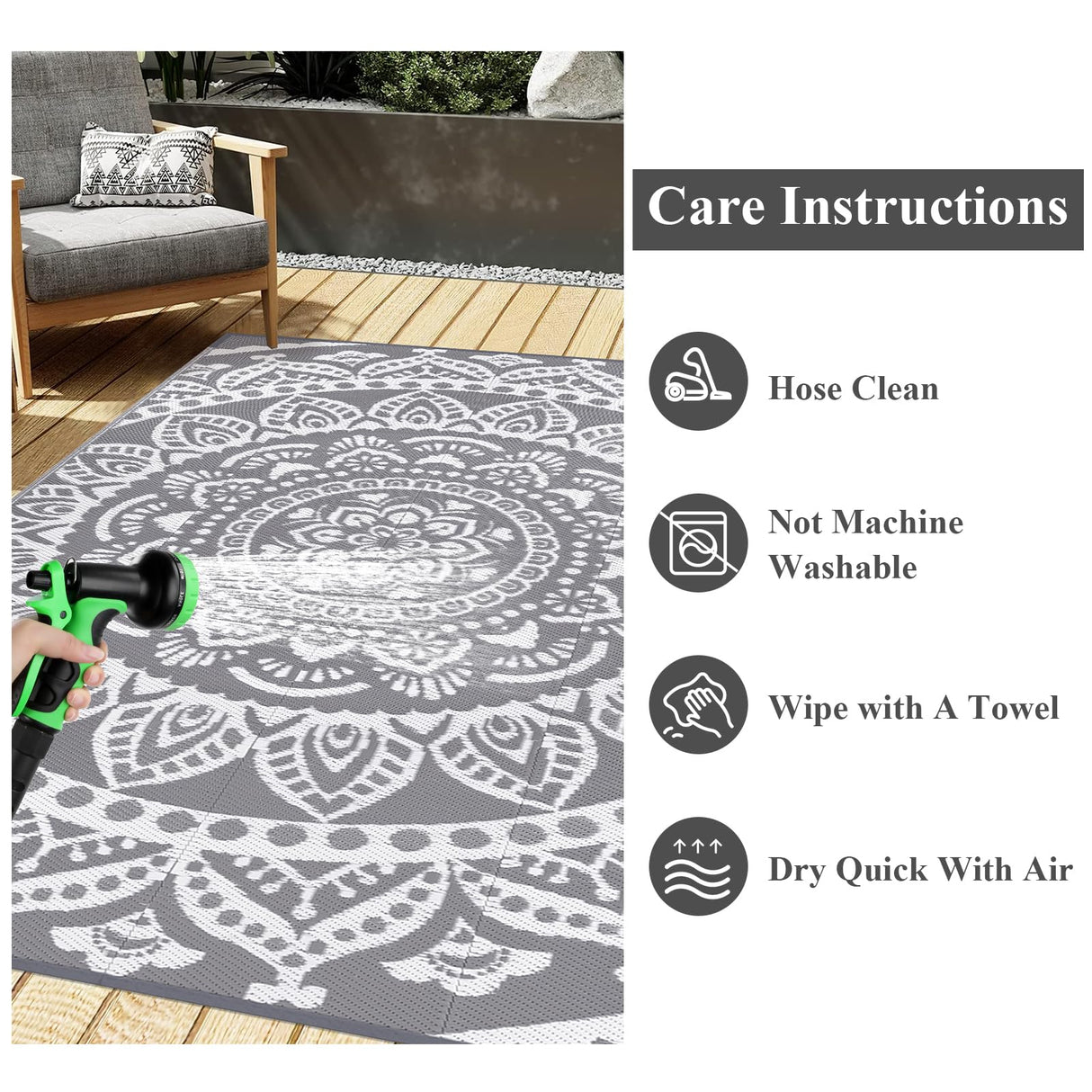 Bsmathom Waterproof Outdoor Rug 6'x9' Reversible Boho Plastic Straw Patio Deck Camping Rugs, Indoor Outdoor Portable RV Mat Clearance Carpet for Outside, Porch, Balcony, Backyard, Beach, Pool,Grey Bsmathom