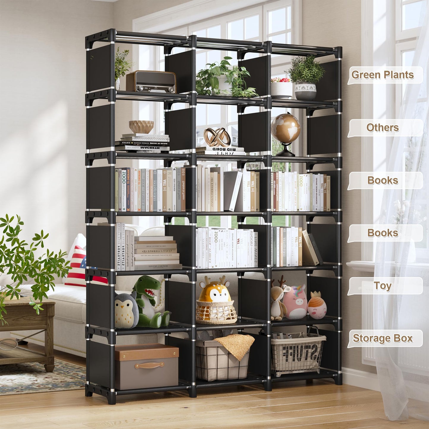 REIBII DIY Multi-Purpose Black Bookshelf with 18 Storage Cubes for Home and Office - WoodArtSupply