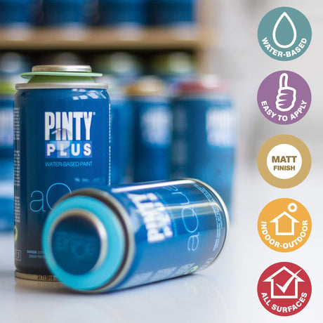 Spray Paint for Arts & Crafts, Water Based Pintyplus Aqua Mini, 4.2oz cans, 8 Piece Pastel Artist Set, Pink Bubble Gum, Light Orange, Yellow Chick, Apple Green, Ice Blue, Lavanda Violet, Black King, White Lady PINTY PLUS