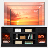 ENOUSHU 70 Inch Farmhouse TV Stand Table for 75 80 inch TV, Modern Entertainment Center with LED Lights and Glass Doors, Wooden Black TV Stands for Living Room ENOUSHU
