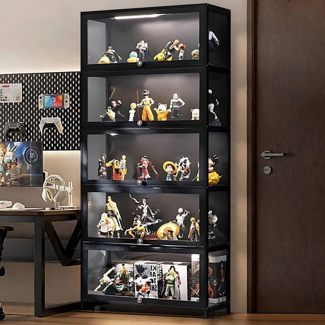 ouioyggk Display Cabinet with Acrylic Glass Door, 5-Tier Curio Display Case, Collectibles Toy Organizers Rack & Display Shelf, Kids Bookcase for Home, Office, Playroom, Living Room, Black ouioyggk