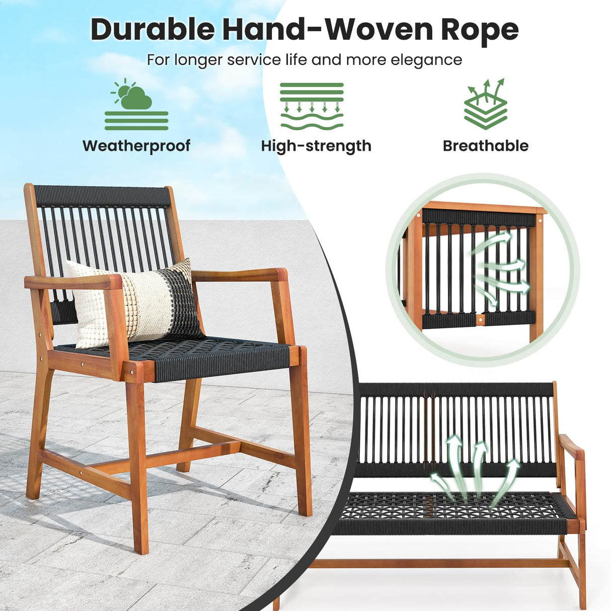 HAPPYGRILL 4 Pieces Patio Furniture Set Acacia Wood Conversation Set with Hand-Woven Rope Design, Ergonomic Loveseat & Single Chairs, Wooden Chair & Table Set for Porch Yard Poolside HAPPYGRILL