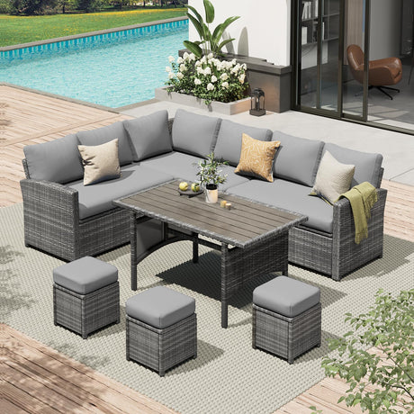 AECOJOY Patio Furniture Set, 7 Pieces Outdoor Patio Furniture with Dining Table&Chair, All Weather Wicker Conversation Set with Ottoman, Grey Rattan&Grey Cushion AECOJOY