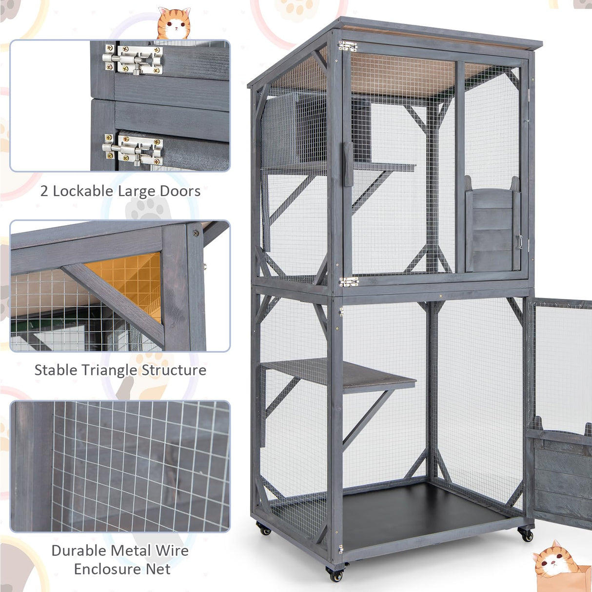 Tangkula Catio Outdoor Cat Enclosure, 72 Inch Wooden Cat House on Wheels with Resting Box, 2 Platforms & Weatherproof Asphalt Roof, Large Kitty Cat Condo Cage Playpen with Enter Doors & PP Layer Tangkula