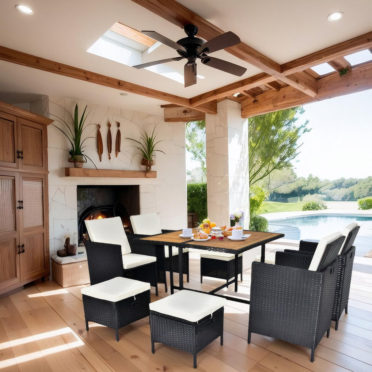 MATONELL 9 Piece Acacia Wood Patio Dining Set, Space Saving Wicker Chairs with Soft Cushions and Wood Table, Outdoor Furniture Set for Garden Yard Poolside, Black MATONELL