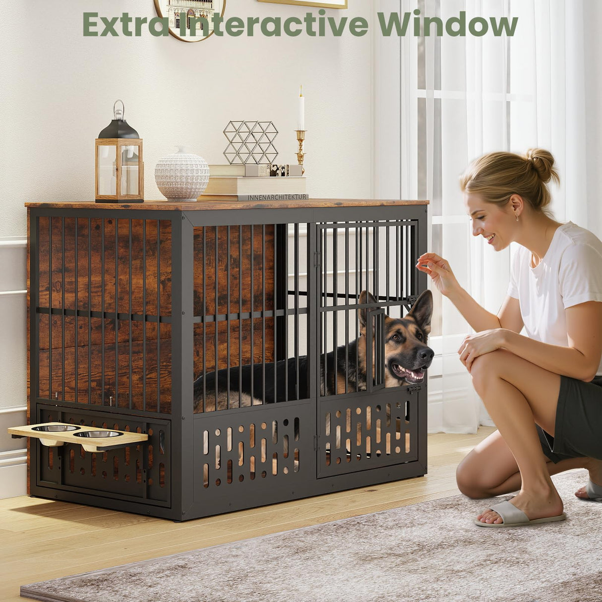 Yafylly 48 Inch XXL Dog Crate Furniture, Wooden Chewproof Dog Kennel with Interactive Window, 360° Adjustable Bowls (5 Heights), Storage Table Top, Heavy Duty XL Dog Crate for Medium Large Dogs, Brown Yafylly