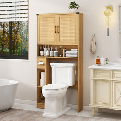 Over The Toilet Storage Cabinet, Farmhouse Rattan Storage Cabinet Over Toilet with 2 Rattan Barn Doors & Home Space-Saving Toilet Rack, for Bathroom, Restroom, Laundry