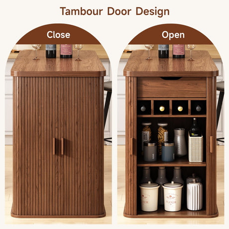 ONBRILL 59 Inch Kitchen Island with Storage, Fluted Counter Height Table, Mid-Century Modern Kitchen Island Table with Sliding Door, Home Bar Tables with Wine Rack and Drawers Walnut ONBRILL