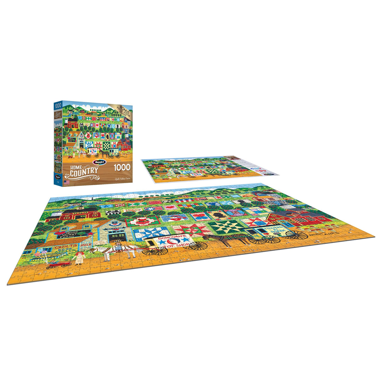 RoseArt - Home Country- Quilt Valley Farm - 1000 Piece Jigsaw Puzzle for Adults RoseArt