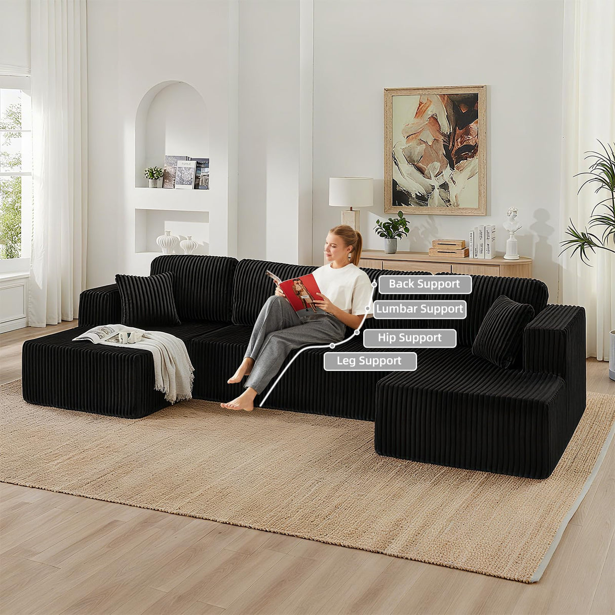 134 Inch Cloud Sectional Couch for Living Room,Corduroy Boneless Couches with L-Shape Chaise,Modern Modular Sectional Sofa with Deep Seat,No Assembly Required (Black, U-Shaped Sofa) ZKJOLMN