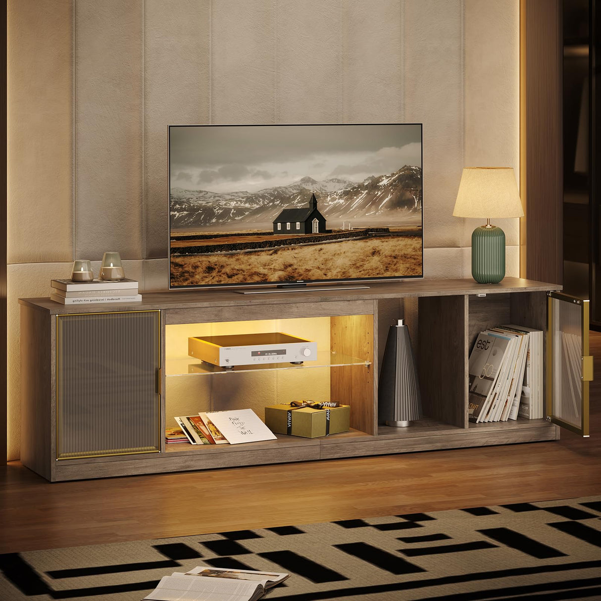 Bestier LED 70 inch TV Stand for 80 inch TV, Modern Entertainment Center with Storage Cabinet for PS5, TV Console for Living Room Bedroom, Adjustable Glass Shelf & Acrylic Doors, Grey Bestier