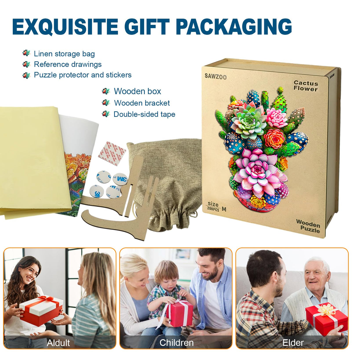 Wooden Jigsaw Puzzles for Adults and Kids, Cactus Flower 200 Piece Unique Shaped Puzzle, Family Game and Creative Wooden Puzzle Gift, Wall Art Decor, 11 x 15 Inch SAWZOO