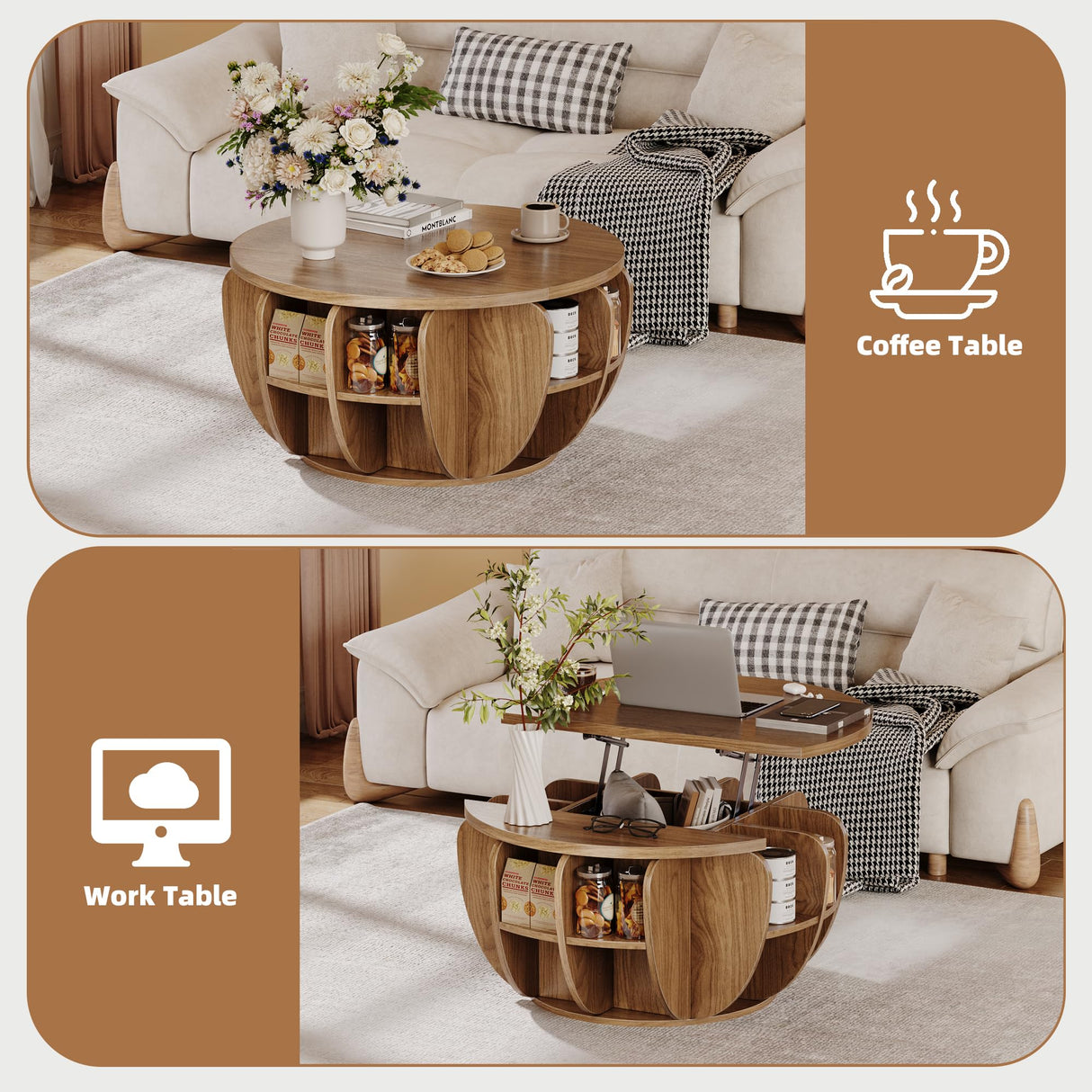 32.7" Lift Top Coffee Table with Storage, Wood Round Center Table with Hidden Storage Compartment & Shelves, Mid Century Modern Coffee Tables for Living Room Rustic Accent Small Center Table TOKSOM
