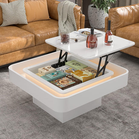 IKIFLY Modern LED Lift Top Coffee Table with Slate Desktop and 16 Colors LED Lights, Durable Rectangle Design Coffee End Table for Living Room Bedroom IKIFLY