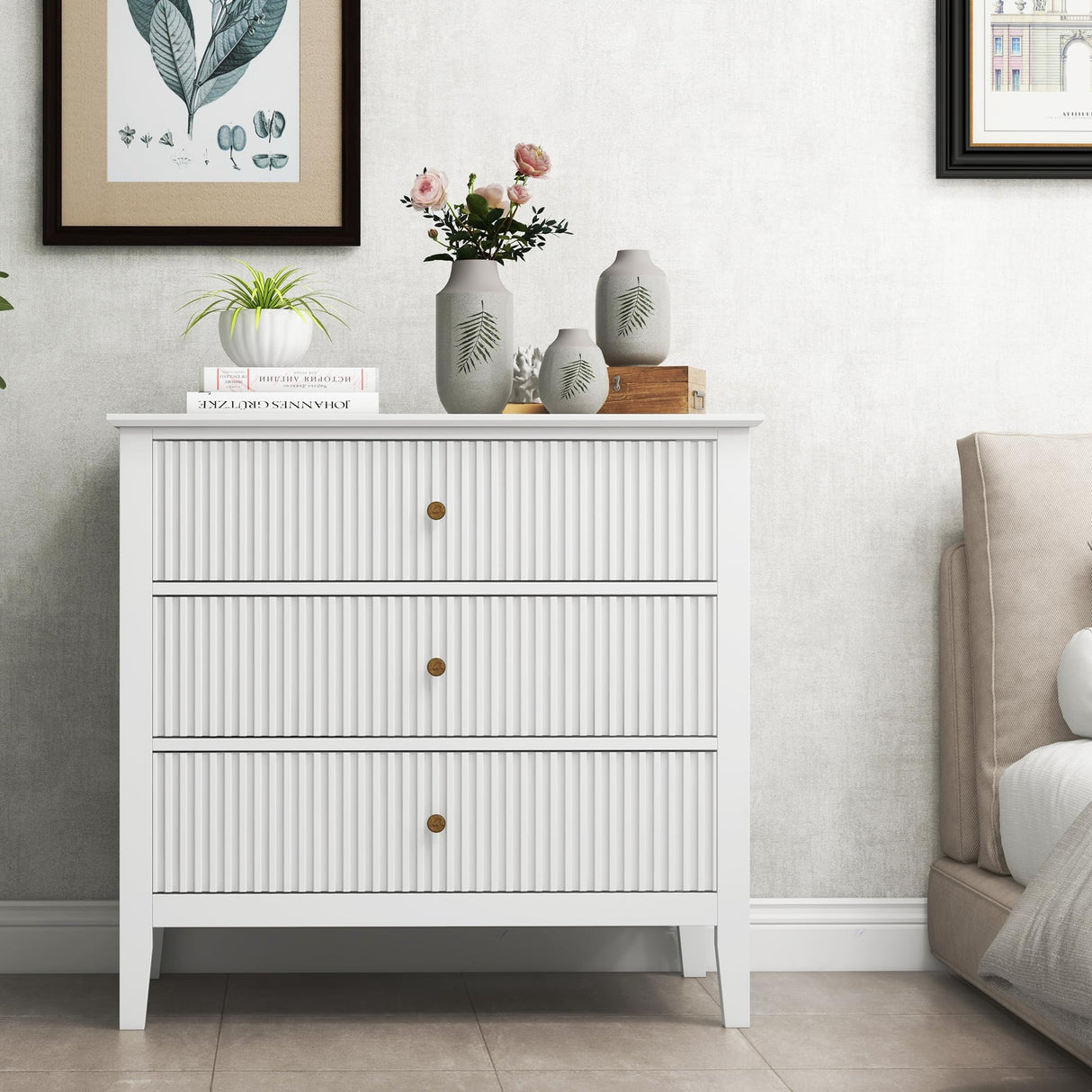 RoyalCraft Large White Fluted 3 Drawer Dresser for Bedroom, Wide Chest of Drawers for Closet, Modern Wood Dresser Wide Nightstand Cabinet for Living Room RoyalCraft