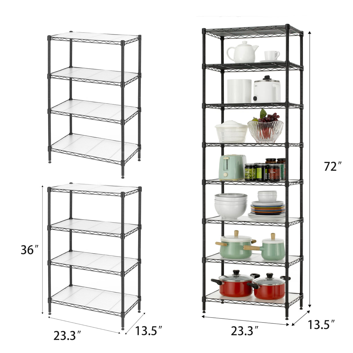 Finnhomy 8-Tier Wire Shelving Unit Adjustable Steel Wire Rack Shelving 8 Shelves Steel Storage Rack or Two 4-Tier Shelving Units with PE mat, Leveling Feet and Safety Device, NSF Certified, Black Finnhomy