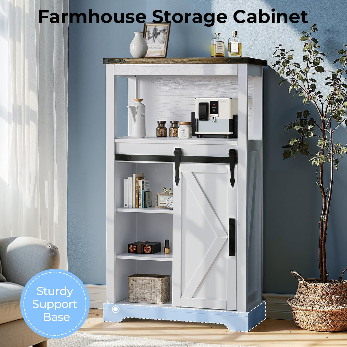 KOLIGEY Farmhouse Storage Cabinet, White Bathroom Storage Cabinet Small Hutch with Door Freestanding, for Coffee Bar, Bathroom, Laundry, Living Room, Kitchen - 24" W x 42" H KOLIGEY