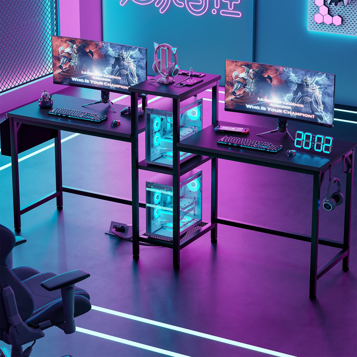 Furologee Double Desk with Power Outlets, 71 Inch Computer Desk with Storage Bag and Headphone Hooks, Gaming Desk Study Writing Table for Home Office, Black Furologee