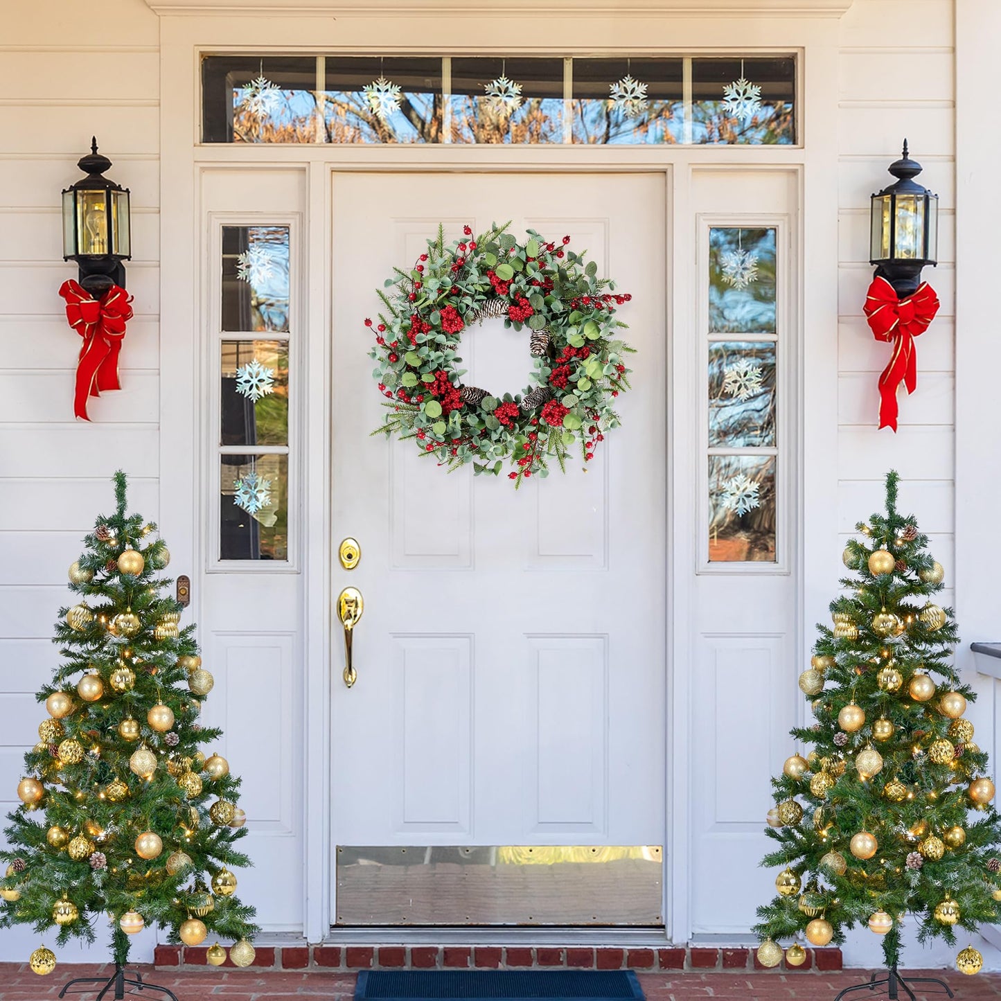 Sggvecsy 22 Inch Artificial Christmas Wreath for Front Door Xmas Red Berry Wreath with Pine Needles Pine Cones Eucalyptus Leaves Christmas Decorations for Winter Wall Outdoor Home Holiday Xmas Decor