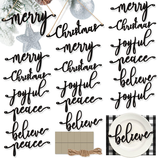 20 Pcs Merry Christmas Sign Xmas Wooden Cutout Letter Plate Ornaments Rustic Merry Sign Christmas Wooden Sign Table Decors Joyful Peace Believe Cutout Plates Ornament for Home Christmas(Black)