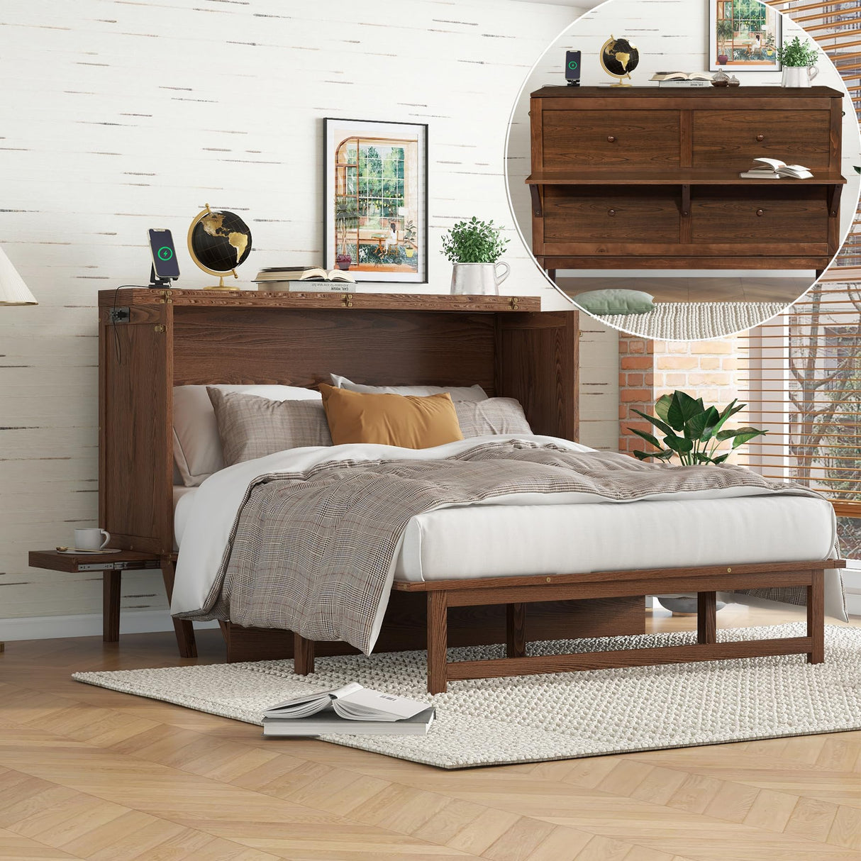 DNChuan Queen Size Murphy Cabinet Bed with Desk and USB-Port,Foldable Murphy Chest Dresser Bed with Removable Shelves on Each Side for Guest Room,Small Space-Walnut DNChuan