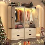 73" Tall Farmhouse 2 Doors Armoire Wardrobe Closet w/ Sliding Folding Door,2 Drawers,Closet Wardrobe Cabinet w/ LED Light,Hanging Rod for Bedroom,Wooden Wardrobe Armoire Cabinet,Rustic Brown chartustriable