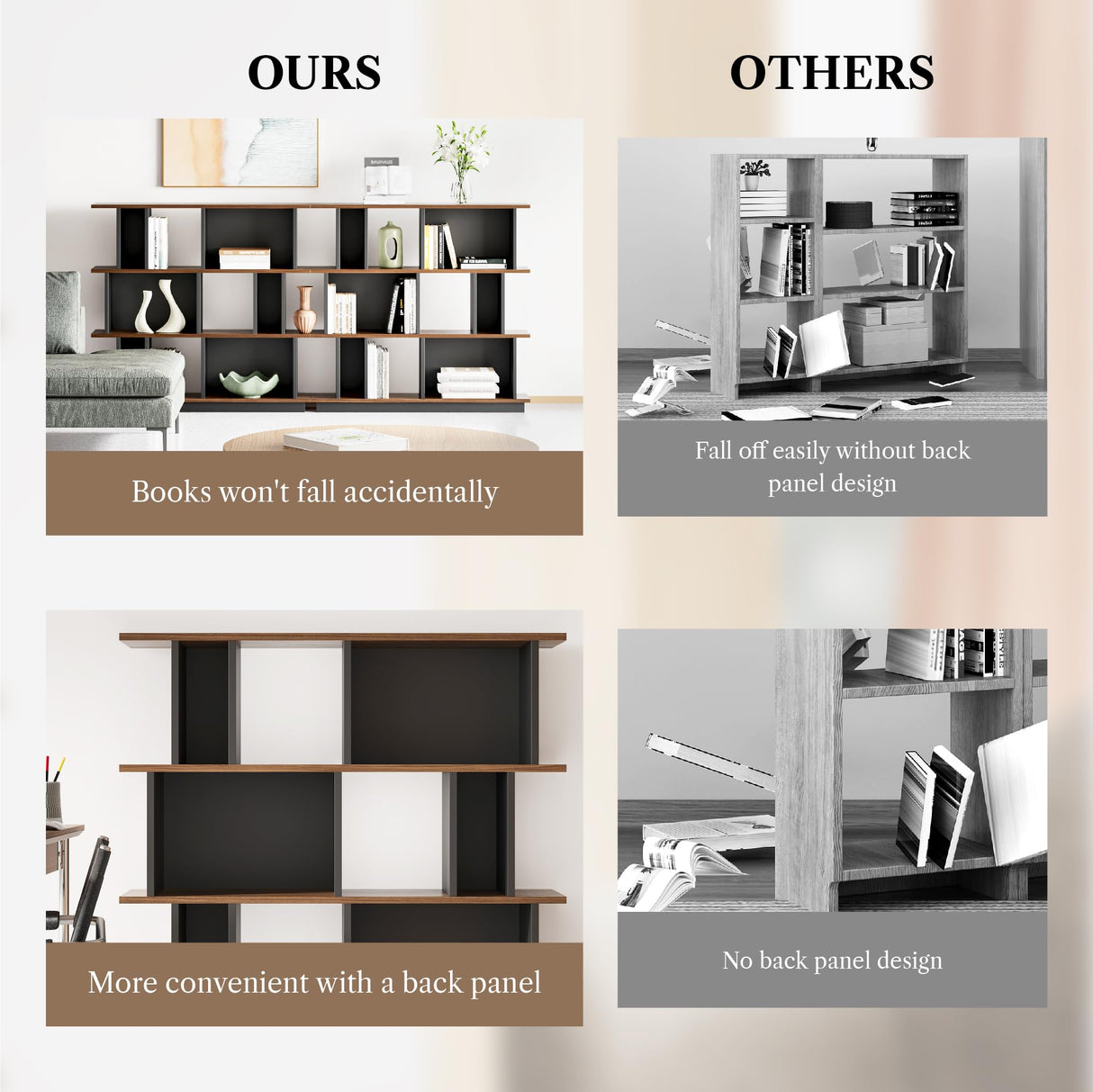 LIKEMET 3-Tier Horizontal Bookcase, 47'' Geometric Bookshelf with Anti-Tipping Kit, Open Modern Room Divider Display Shelf, Storage Organizer Shelf for Bedroom, Living Room, Office LIKEMET