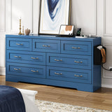 DWVO Farmhouse 7 Drawer Dresser for Bedroom, 59" Wide Large Modern Dresser TV Stand with Drawers & Bar Handles, Storage Dressers with Power Outlets, Rustic Wood Chest of Drawers, Blue Upgraged DWVO